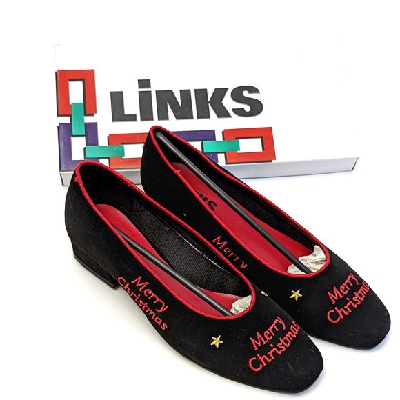 LINKS Shoes - Vintage LINKS Black Velvet Christmas Xmas Holiday Flat Heels Women's Size 8.5M